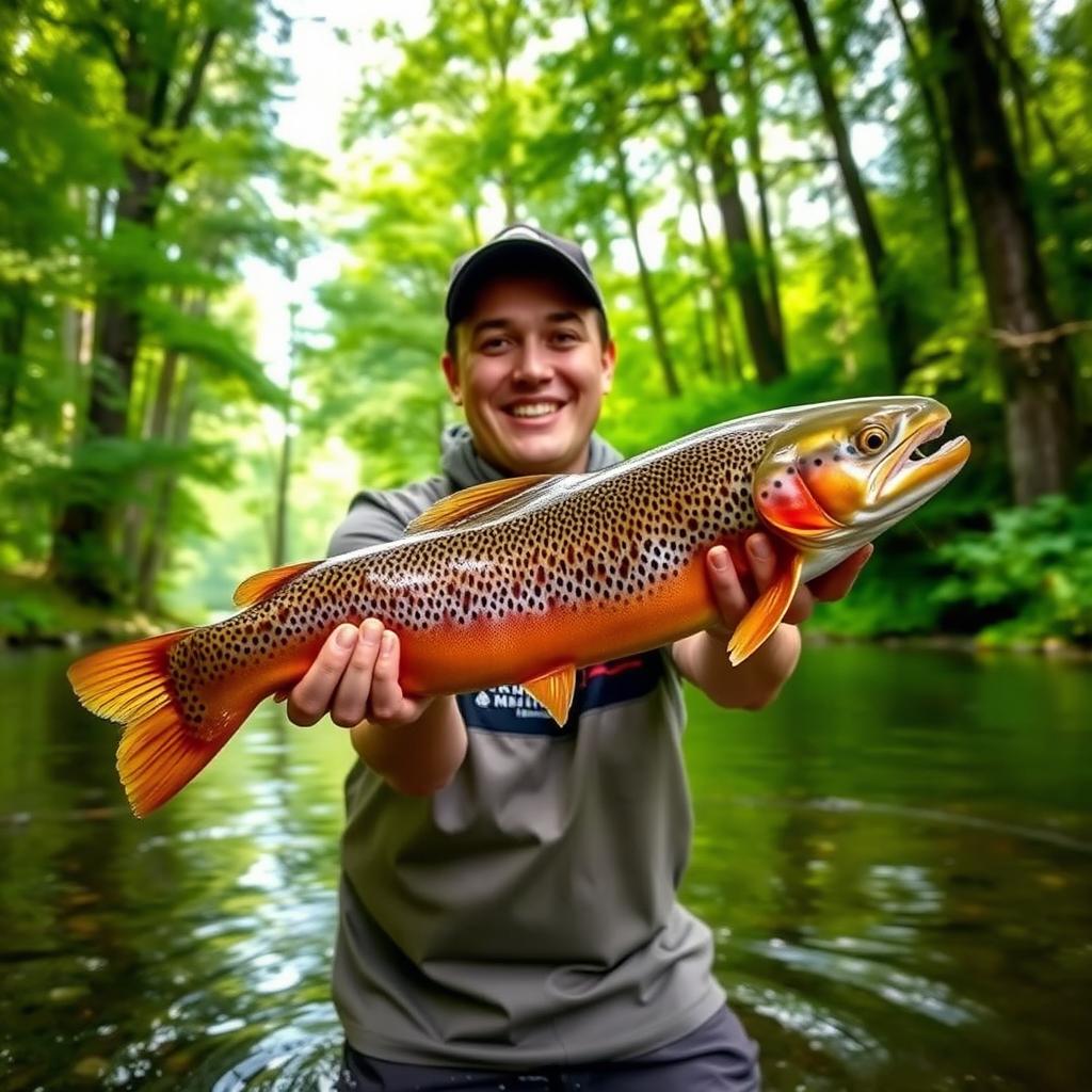 A person standing in a lush, green forested river, proudly holding up a large, vibrant brown trout
