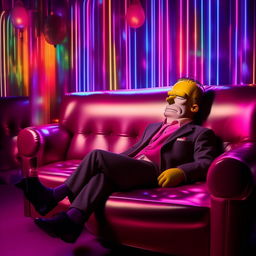 Homer Simpson in a dapper suit, sprawled out asleep on a couch within the vibrant ambiance of a nightclub. His calm slumber presents a humorous contrast against the backdrop of pulsating lights and music.