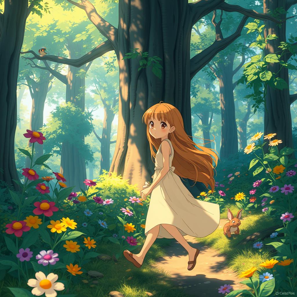 A whimsical anime-style scene inspired by Studio Ghibli films, featuring an enchanting forest filled with vibrant, colorful flowers and towering, lush trees