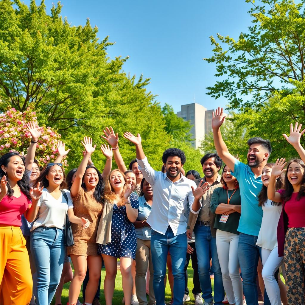 A vibrant and colorful scene depicting a group of diverse people gathered in a lively urban park, all joyfully shouting the word 'Lovely!' in unison
