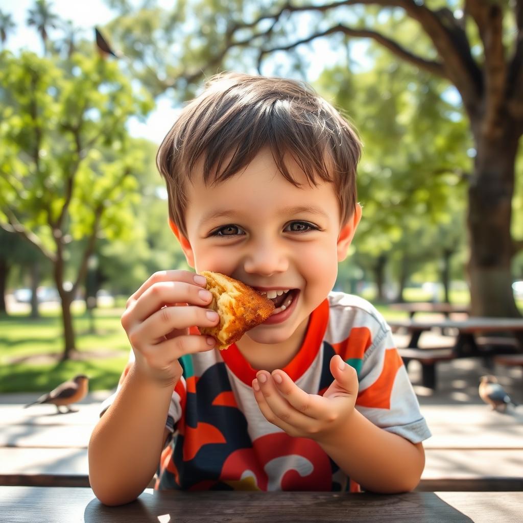 A young boy enjoying a delicious coxinha, a traditional Brazilian snack