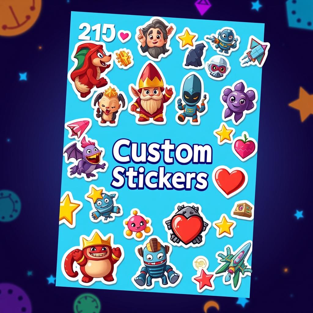 A vibrant and colorful digital poster featuring various 2D custom stickers for a hero-themed game