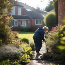 A mother is tidying up the front garden of her house in the early morning.