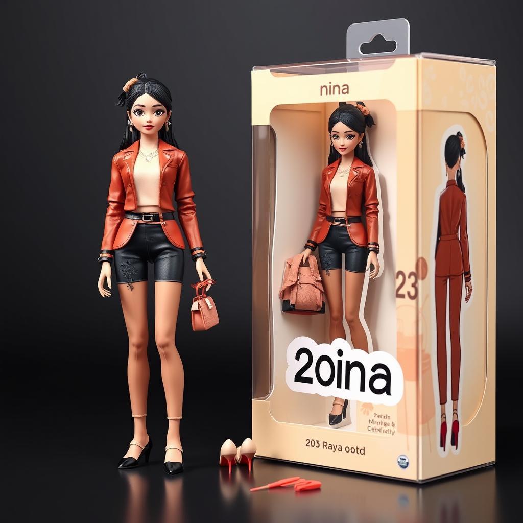 A realistic depiction of an action figure resembling a stylish female character named Nina, dressed in a fashionable outfit suitable for a 2025 Raya celebration