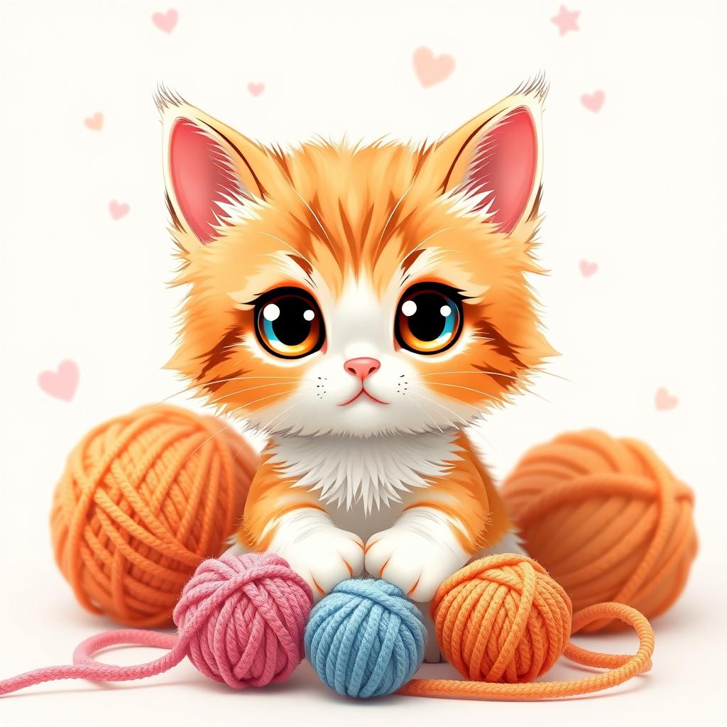 A cute little chibi cat with oversized eyes and an adorable expression, featuring fluffy fur in shades of orange and white