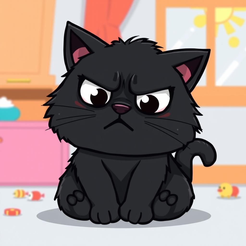 A cute cartoon style illustration of a black grumpy cat with exaggerated features, such as big round eyes and a frown to emphasize its grumpy expression