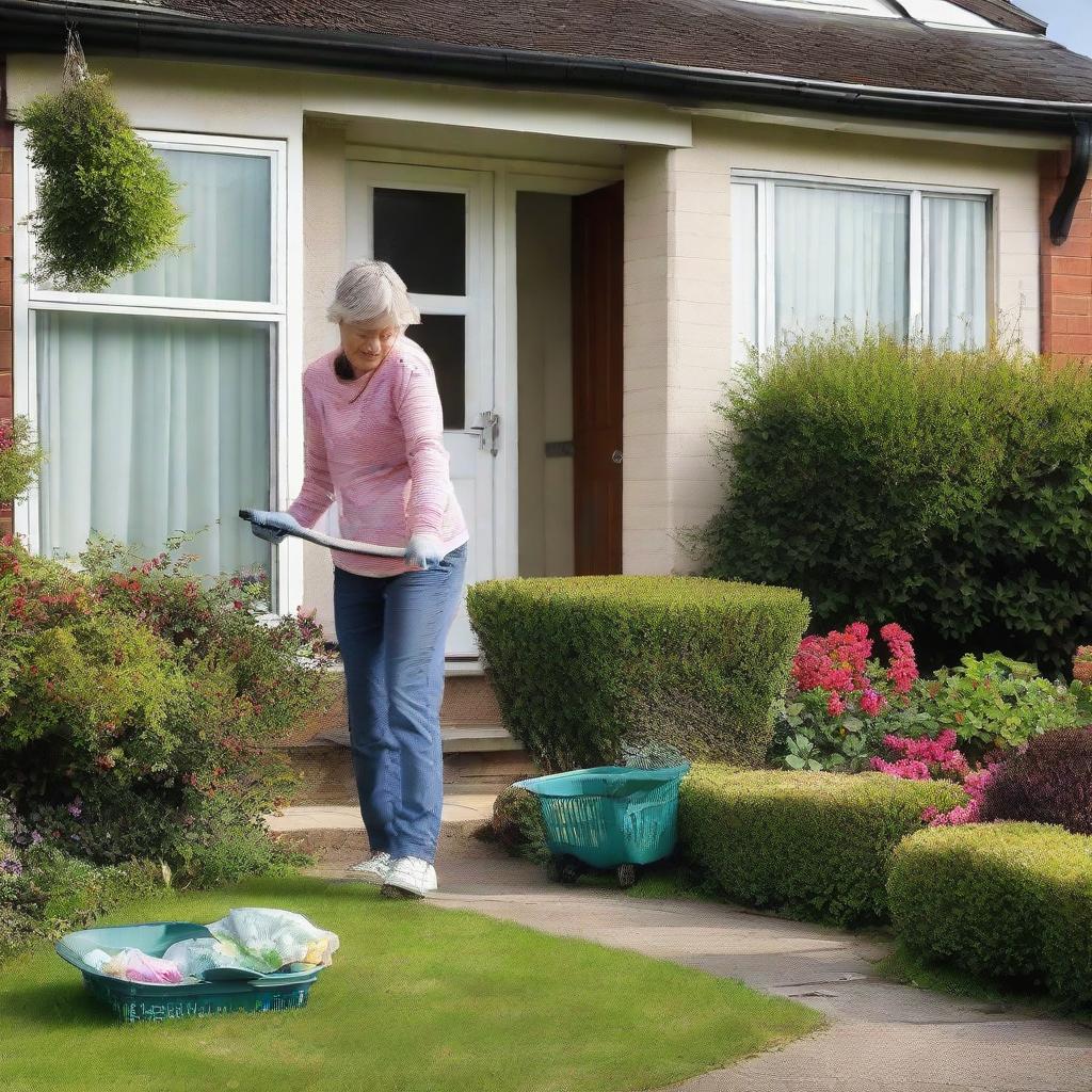 A mother is tidying up the front garden of her house in the early morning.