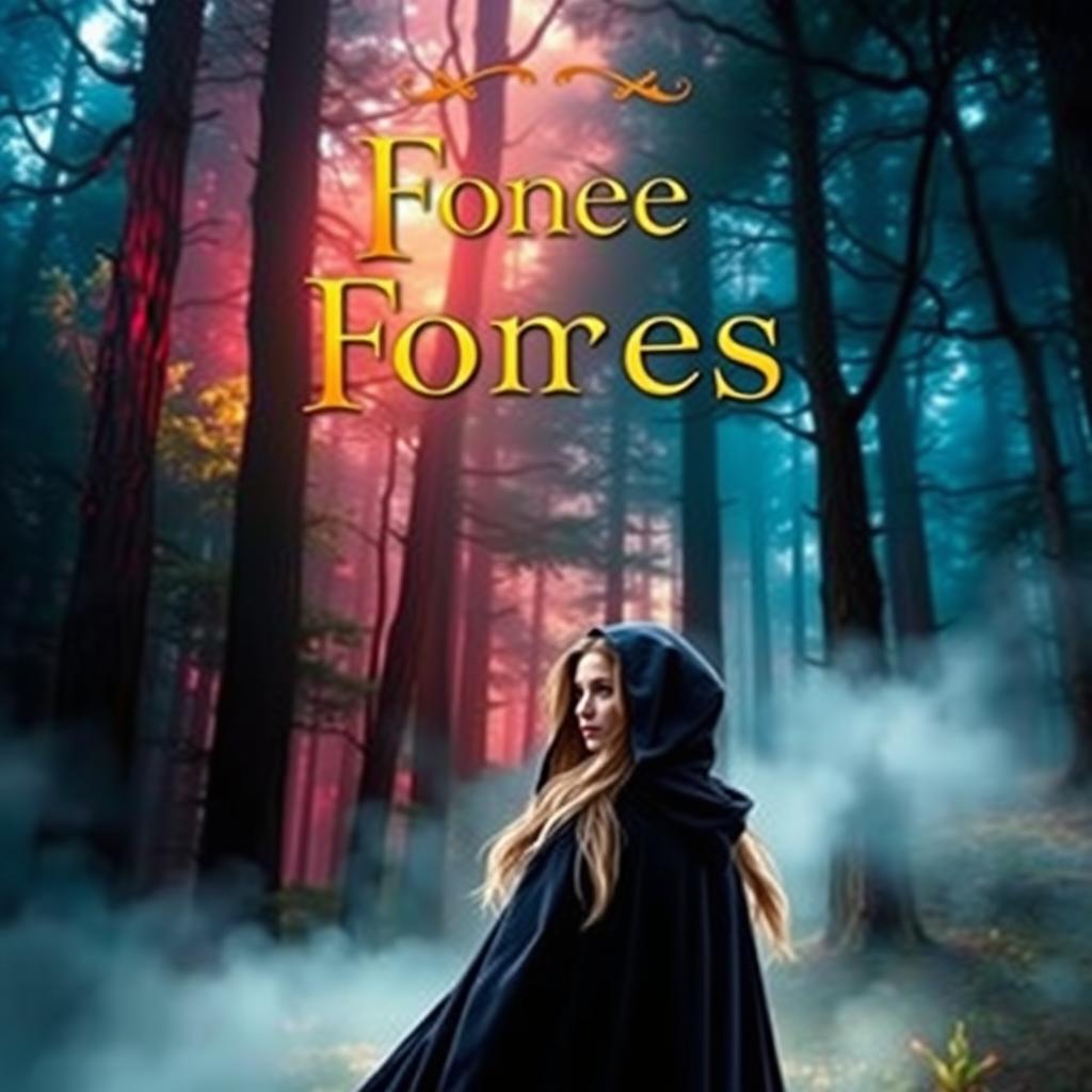 A captivating book cover design featuring a mystical forest scene with vibrant colors, tall ancient trees shrouded in a soft, glowing fog