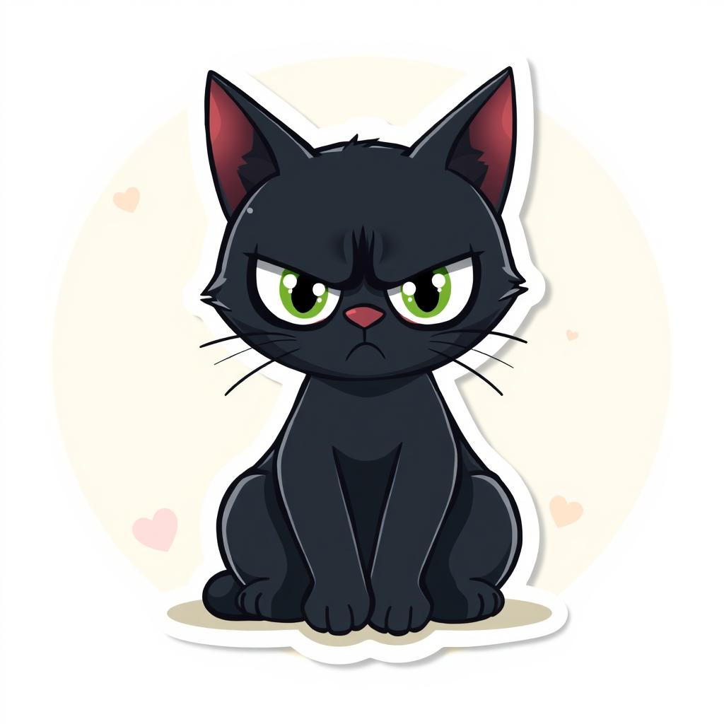 A cute cartoon-style sticker featuring a black grumpy cat with big, expressive eyes and an exaggerated frown