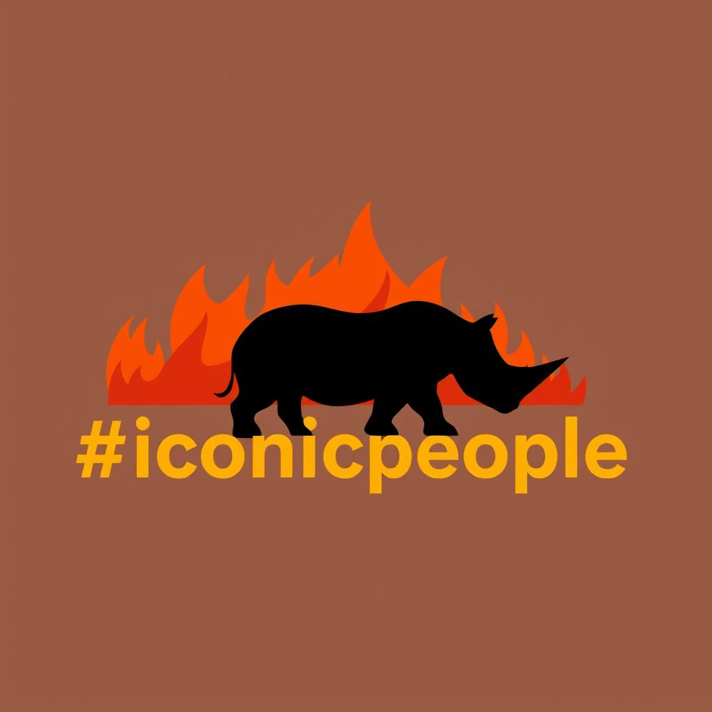 A minimalist design featuring bold letters spelling out '#iconicpeople', accompanied by a stylized silhouette of a rhinoceros