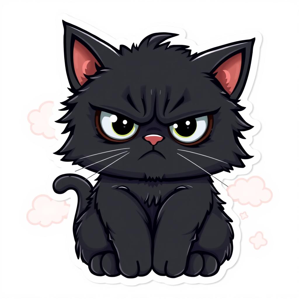 A cute cartoon-style sticker featuring a black grumpy cat with big, expressive eyes and an exaggerated frown