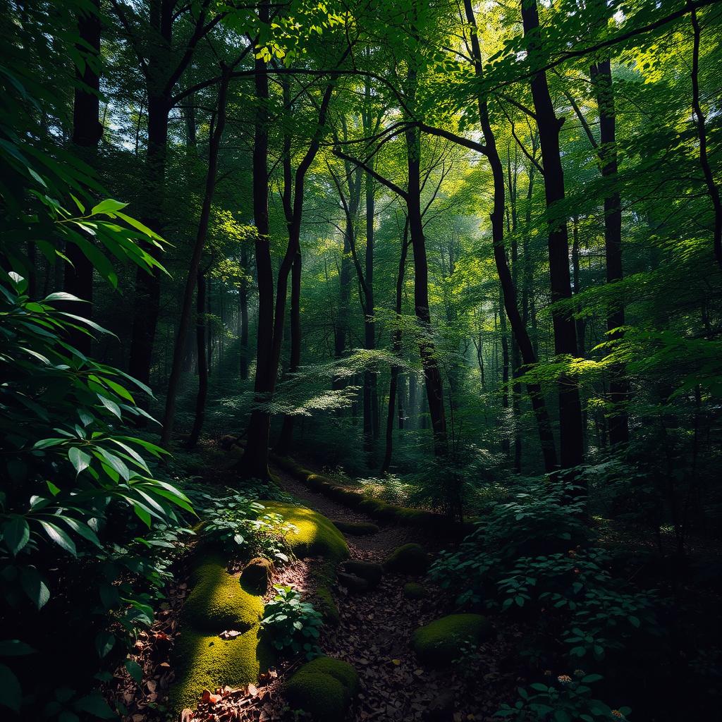 A dense forest scene filled with rich earthy tones and vibrant greens, showcasing a variety of lush trees and foliage