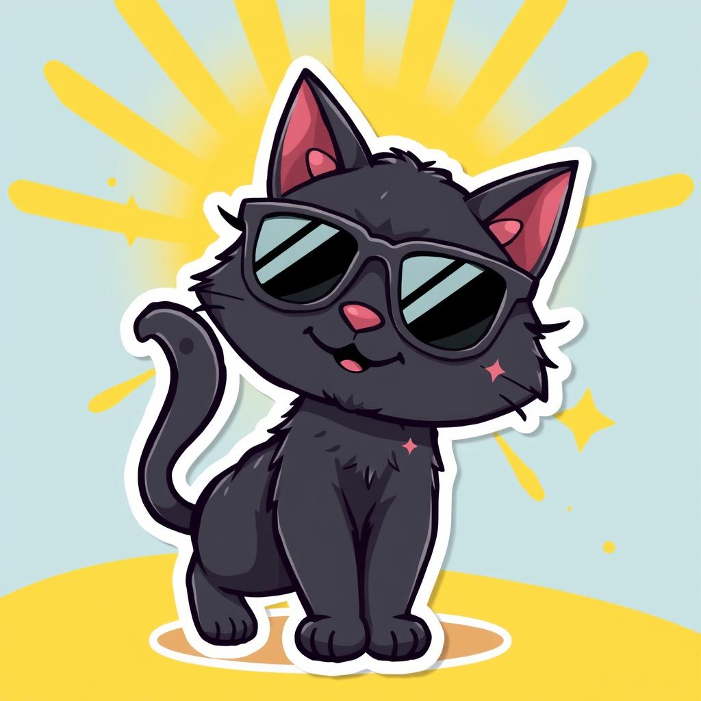 A cute cartoon-style sticker depicting a black cat wearing stylish sunglasses, with a playful and relaxed expression