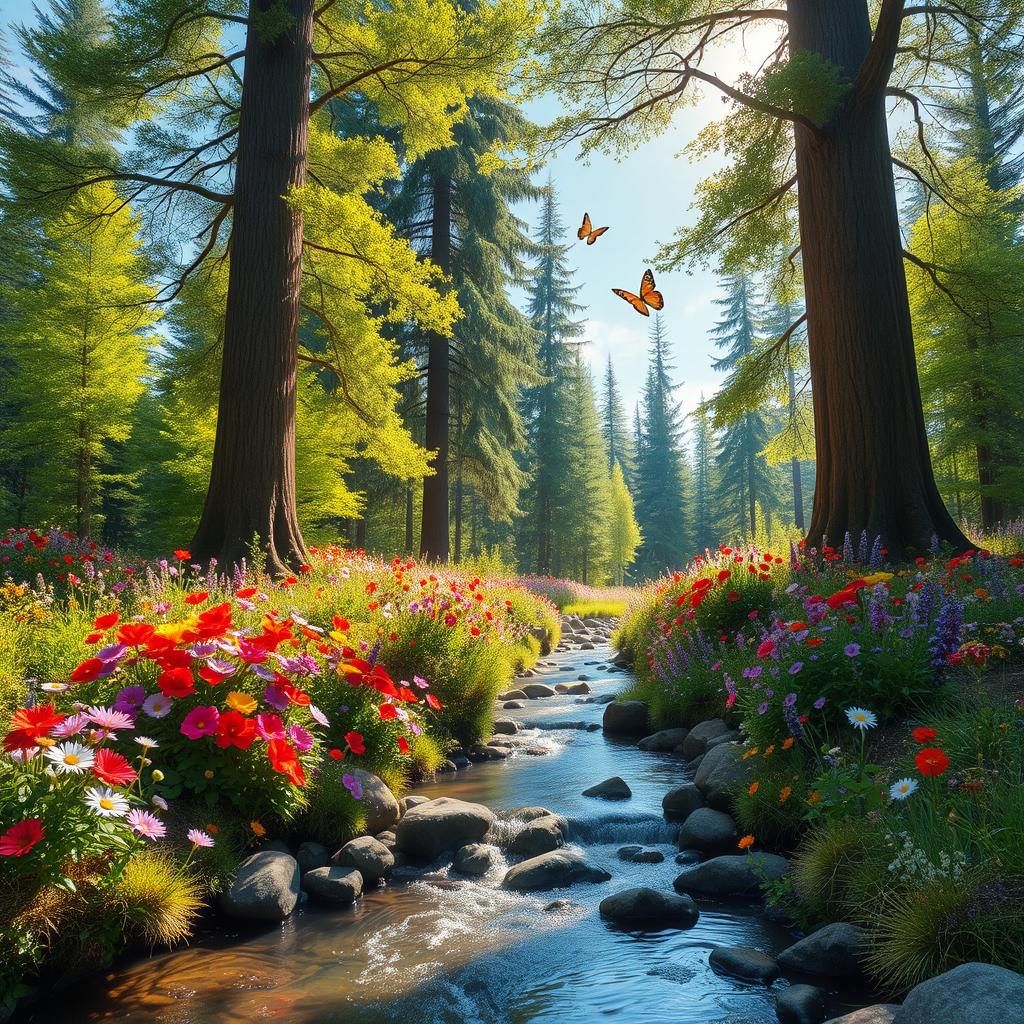 A serene and enchanting forest scene, featuring a wondrous array of colorful flowers in full bloom under a bright, sunny sky