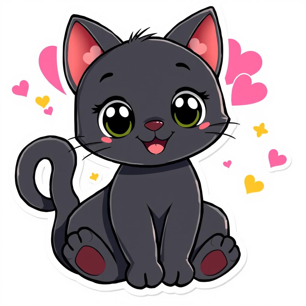 A charming and cute cartoon-style black cat sticker, featuring big playful eyes, a smiling expression, and a fluffy tail