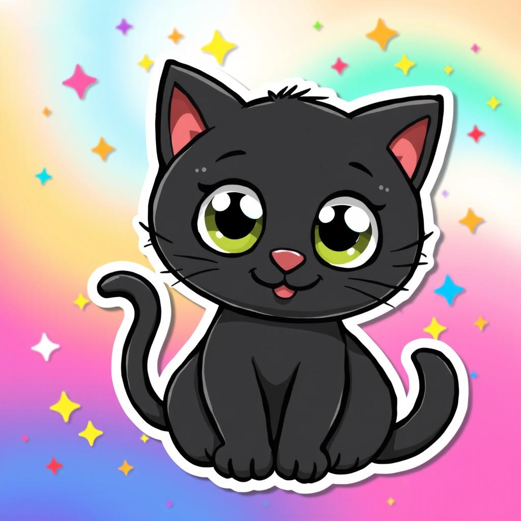A charming and cute cartoon-style black cat sticker, featuring oversized bright eyes, an adorable smiling face, and a softly rounded body