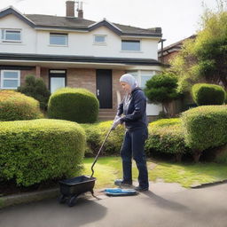 A mother is tidying up the front garden of her house in the early morning.