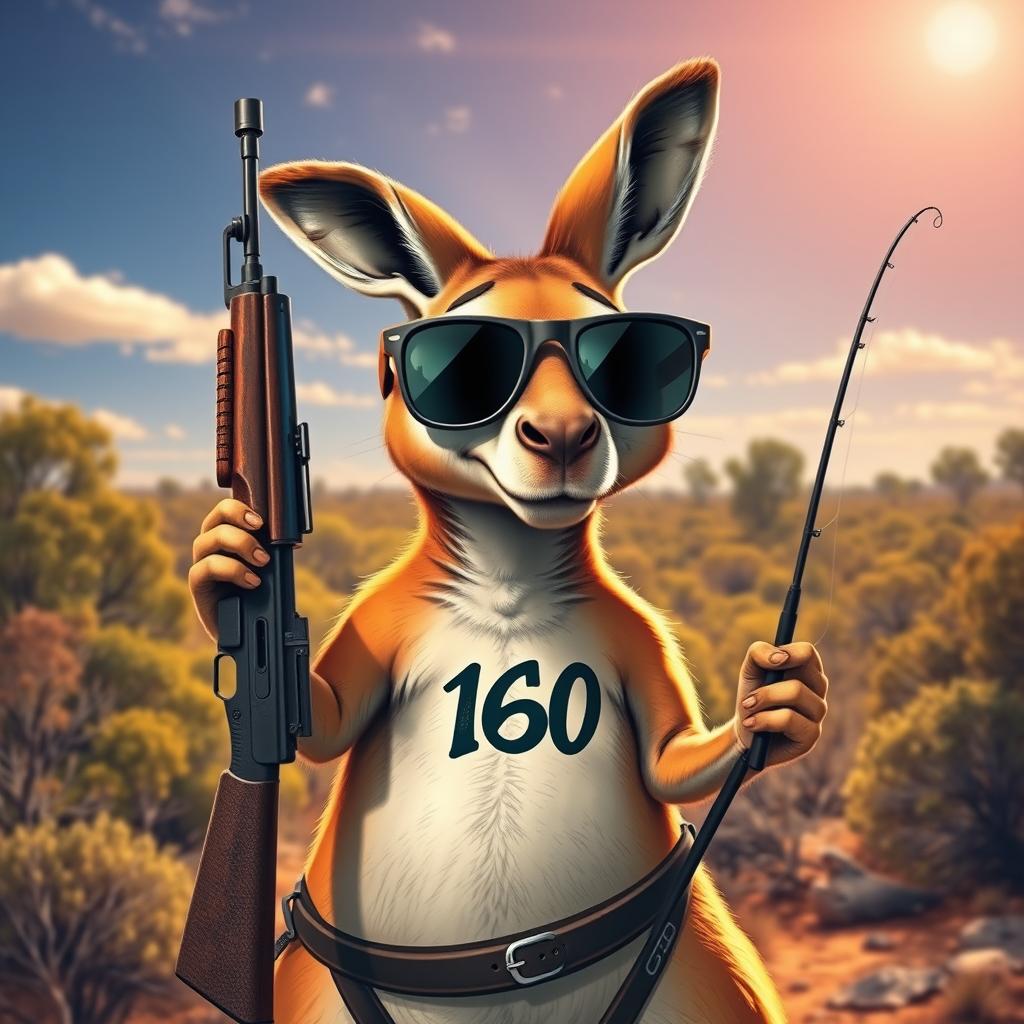 A cool kangaroo wearing stylish sunglasses, confidently holding an STG-44 rifle in one hand and a fishing rod in the other