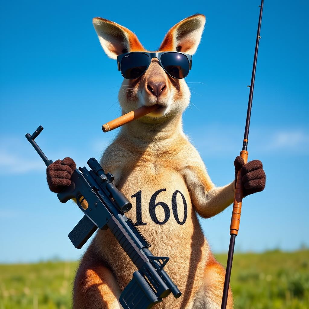 A cool kangaroo wearing stylish sunglasses, confidently holding a STG-44 rifle in one hand and a fishing rod in the other