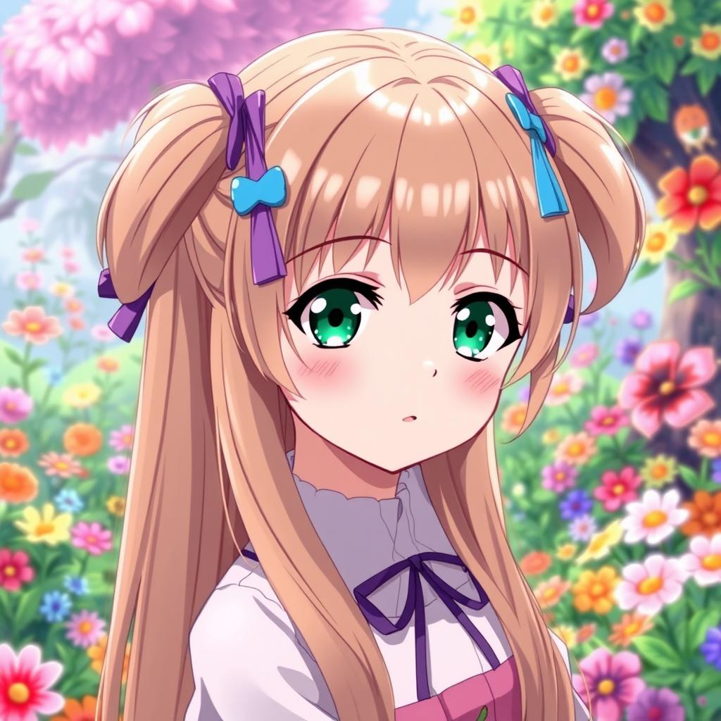 An anime girl with long light brown hair styled in pigtails, secured with purple hair ties and adorned with blue hairclips