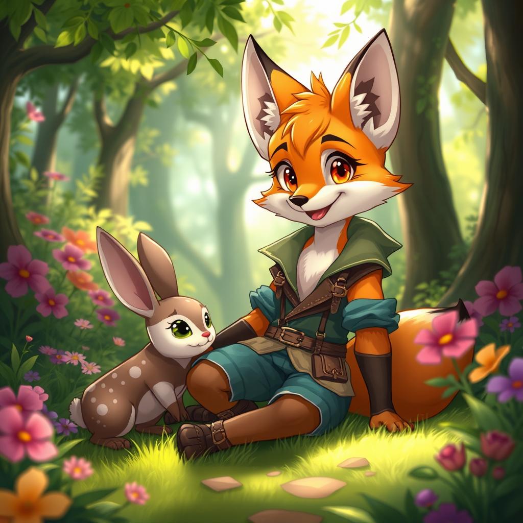 An anthropomorphic fox character sitting in a lush forest, wearing a stylish outfit that blends fantasy and trendiness