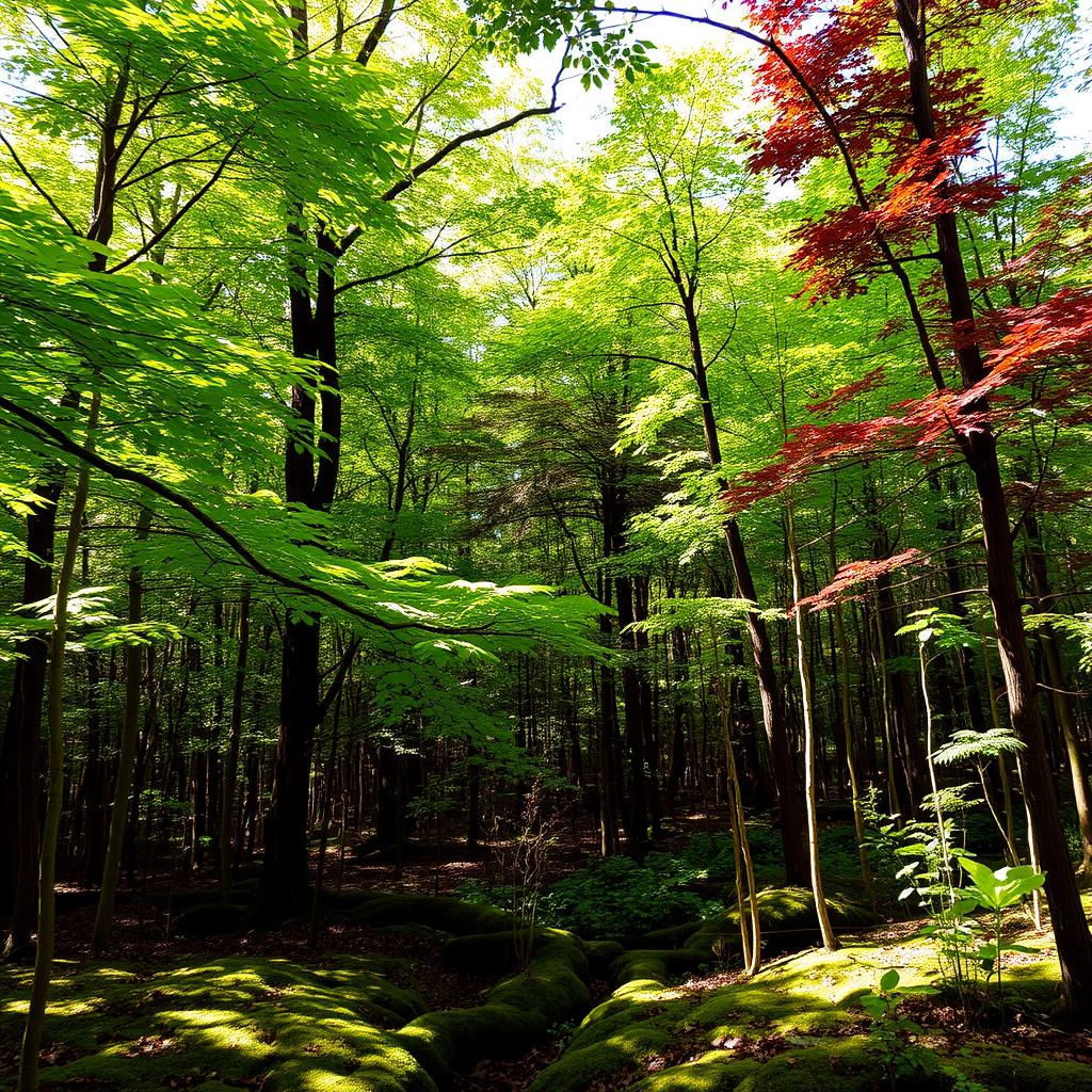 A lush and dense forest with a rich diversity of trees, featuring vibrant green leaves mixed with earthy tones such as browns and deep reds
