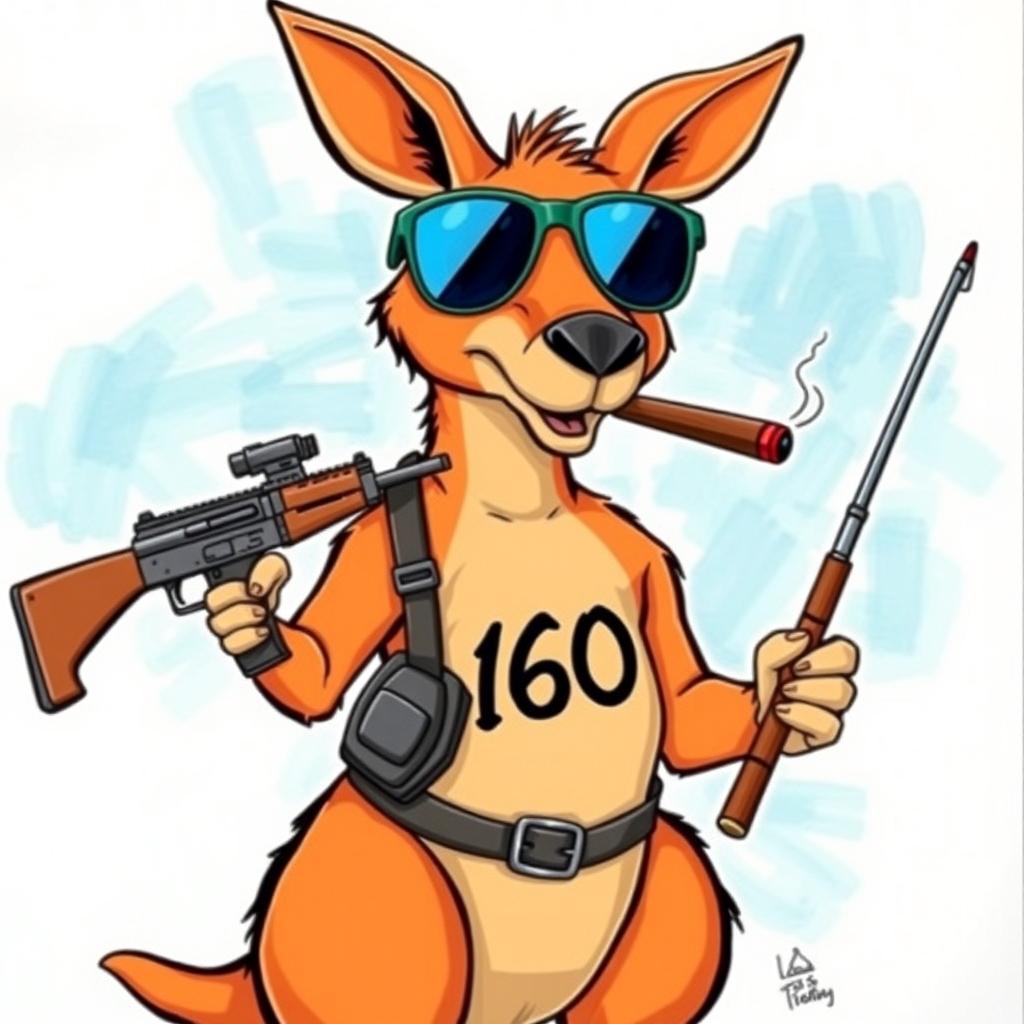 A cartoonish kangaroo wearing stylish sunglasses, confidently holding an STG-44 rifle in one hand and a fishing rod in the other
