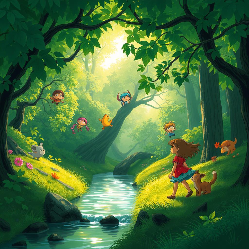A whimsical and magical scene inspired by Studio Ghibli, featuring a lush green forest with vibrant foliage and fantastical creatures peeking through the trees