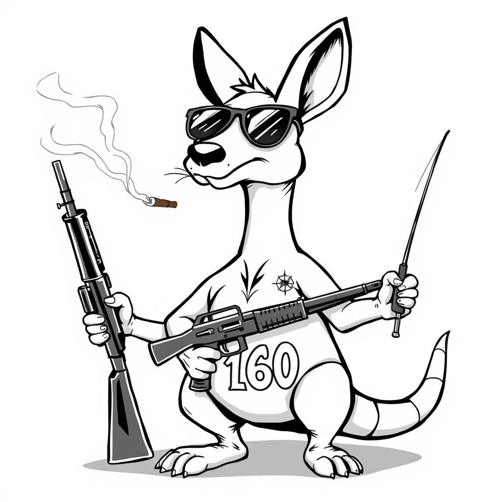 A cartoonish kangaroo character wearing stylish sunglasses, confidently holding an STG-44 rifle in one hand and a fishing rod in the other