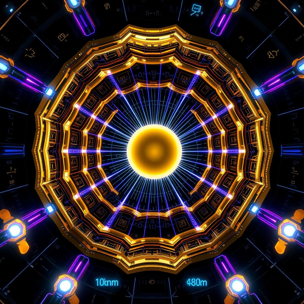 An ultra-detailed technical cutaway illustration of a futuristic wormhole tunnel spanning 1 km in length with a diameter of 30m