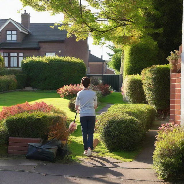 A mother is tidying up the front garden of her house in the early morning.