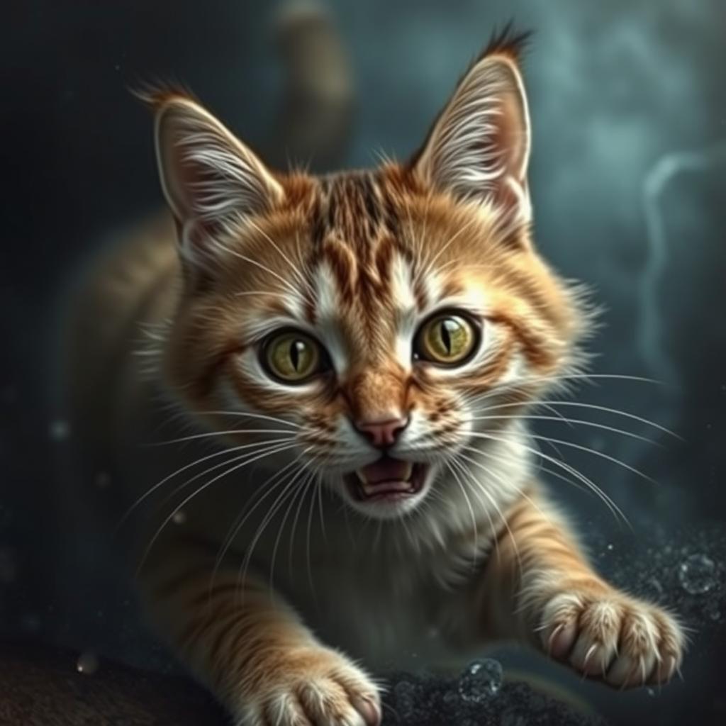 A dramatic scene depicting a cat in a desperate situation, illustrating its struggle for life