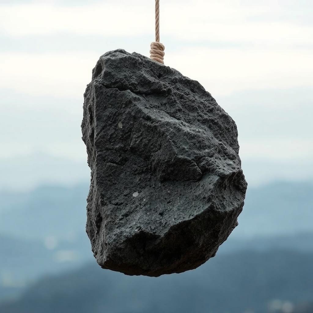 A linear closed shape, suspended by a thin rope