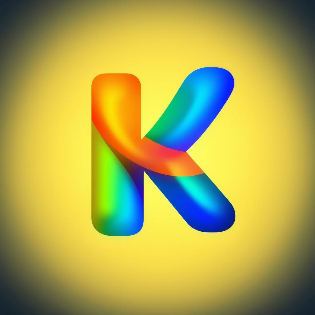 The letter 'K' designed with cascading, colorful shadows layered behind it, creating a gradient effect that flows smoothly through various shades