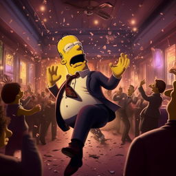 Homer Simpson in a snazzy suit, in mid-air, being thrown out of a bustling nightclub. His stunned expression coupled with his flying tie, create a humorous snapshot of nightlife shenanigans.