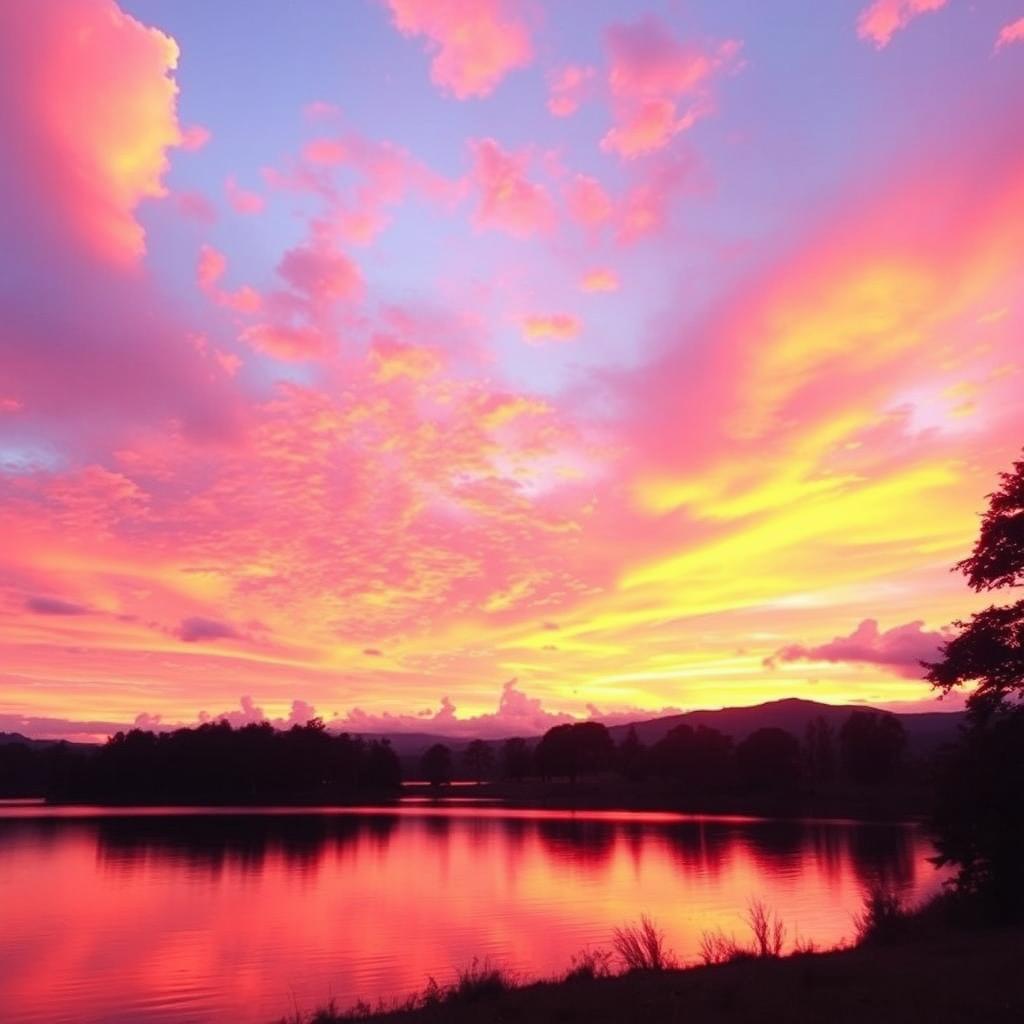 A digitally enhanced image of a picturesque sunset over a serene lake, with vibrant colors reflecting off the water's surface
