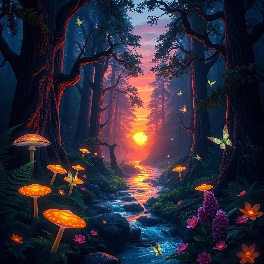 A mystical forest at sunset, illuminated with vibrant hues of orange and purple, featuring ancient towering trees with glowing bioluminescent mushrooms at their base