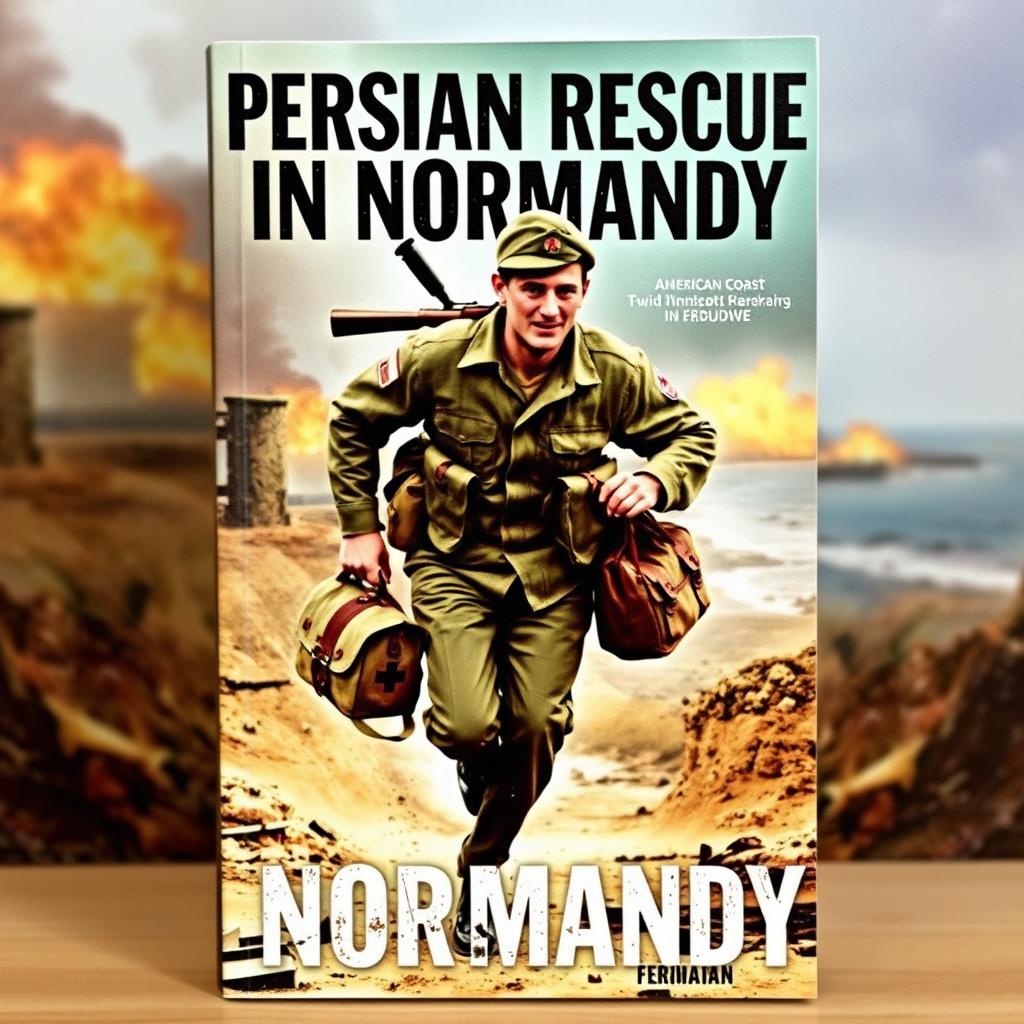 A book cover titled 'Persian Rescue in Normandy', featuring an American medic in World War II uniform running with a medical bag in one hand and a rifle slung over his shoulder