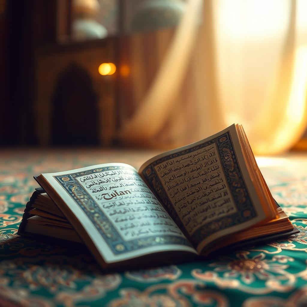 An artistic and elegant representation of an open Quran on a beautifully embroidered fabric