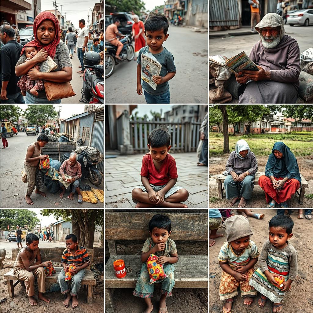 A compelling collection of 50 distinct photographs that capture the realities and struggles of impoverished individuals across various contexts