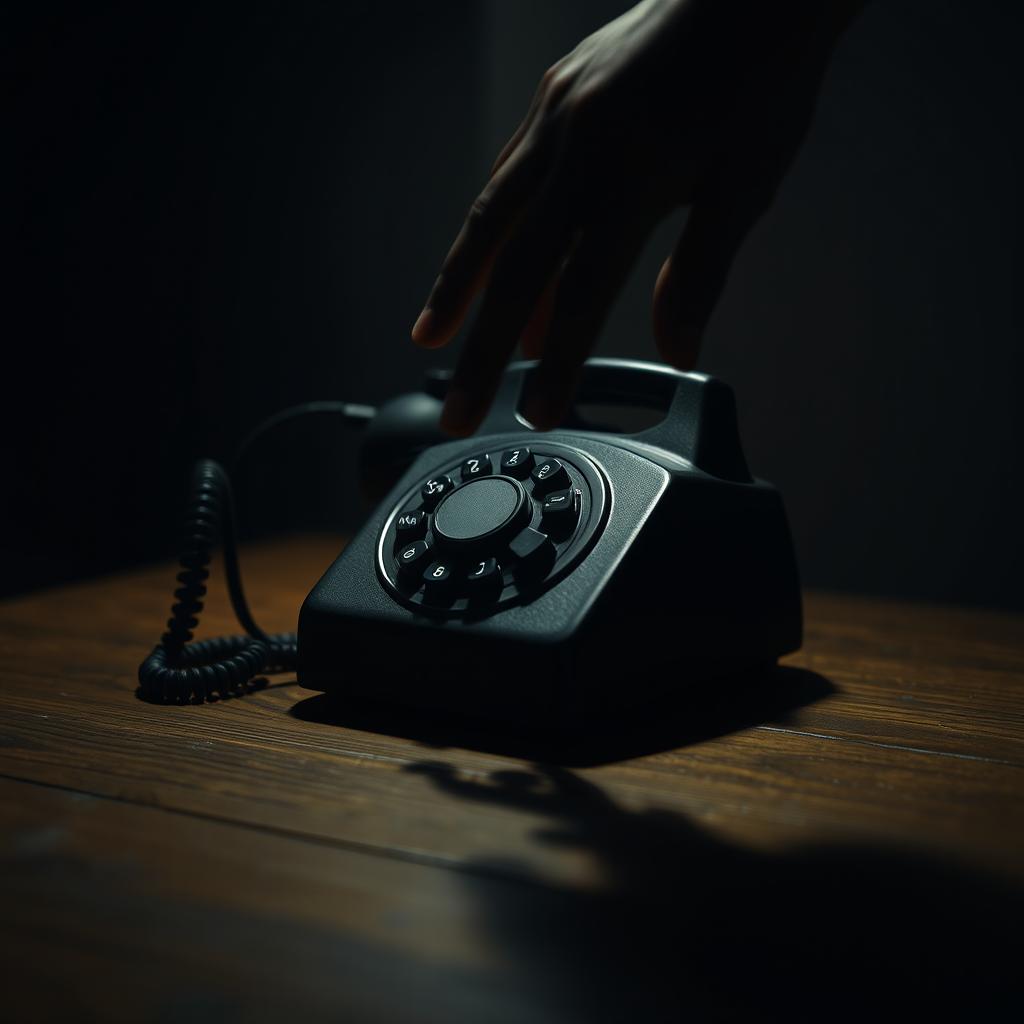 An old-fashioned rotary phone sitting on a wooden table with a vintage aesthetic, bathed in dim lighting that creates an eerie atmosphere; a shadowy, indistinct hand reaches towards the phone, suggesting an ominous mood of a ransom call, the background is blurred to emphasize the phone and the hand, enhancing the suspenseful feeling