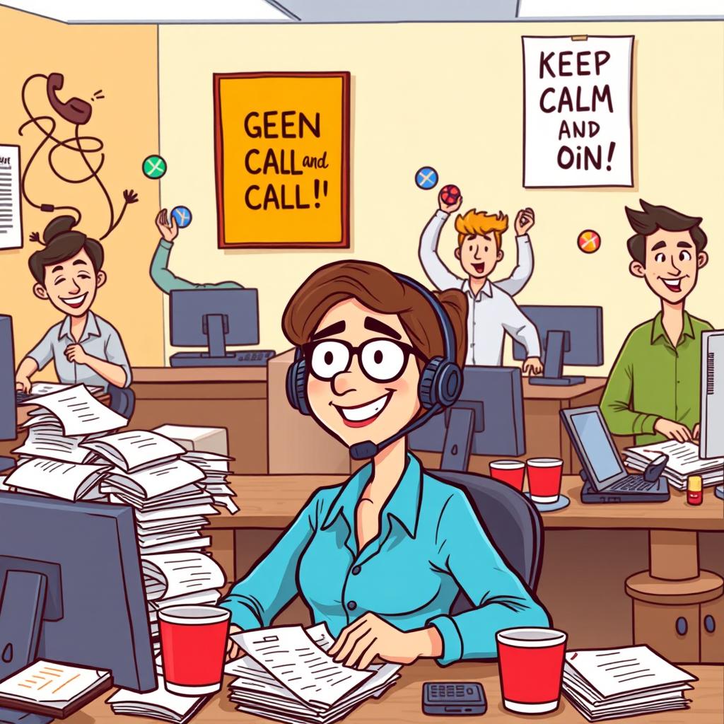 A humorous and relatable cartoon-style illustration depicting a busy call center environment