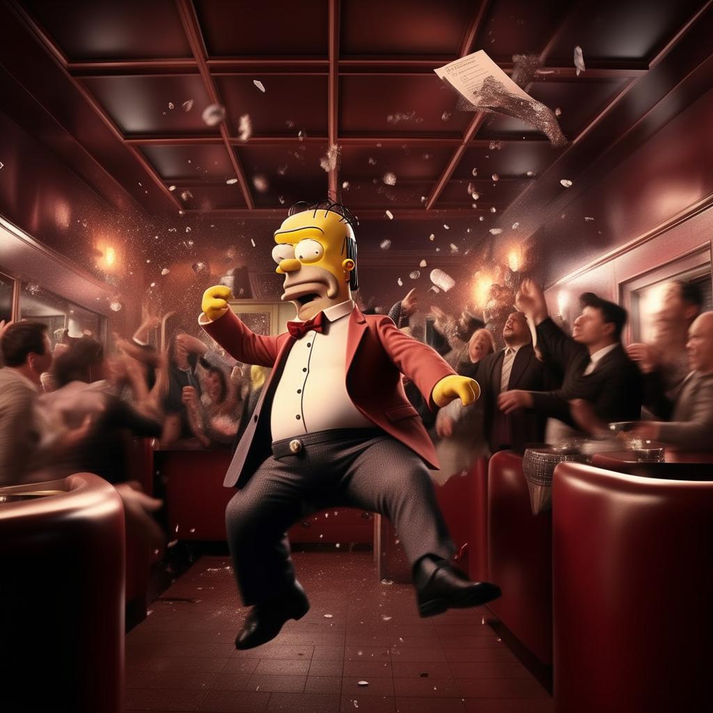 Homer Simpson in a snazzy suit, in mid-air, being thrown out of a bustling nightclub. His stunned expression coupled with his flying tie, create a humorous snapshot of nightlife shenanigans.