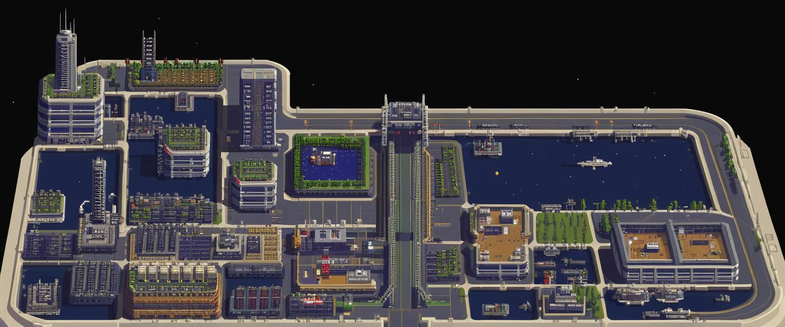 zoomed out futuristic City Pixel Art with large government building at the center, a scrapyard and large industrial factories dotted around and a spaceport
