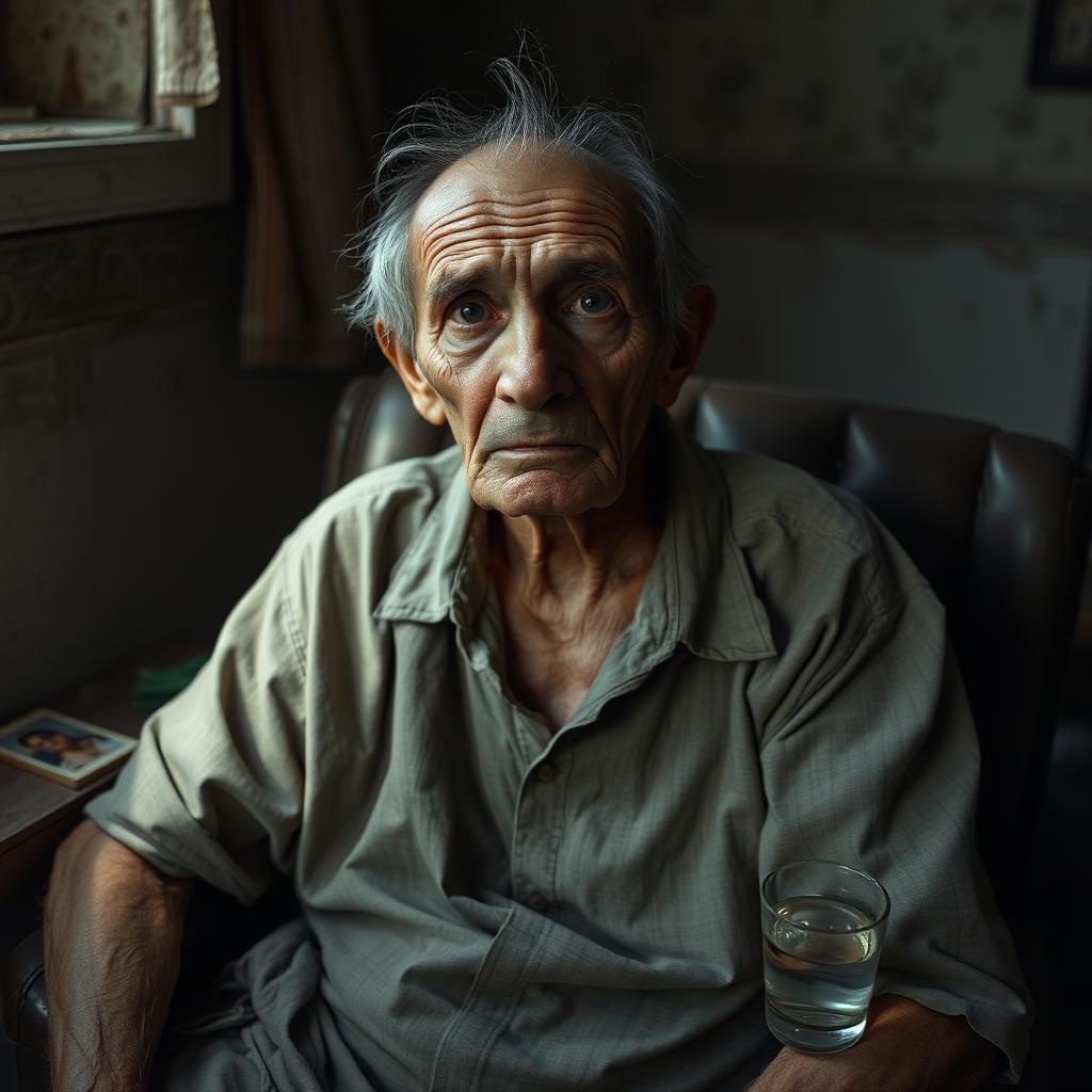 A somber portrait of a sick, elderly man sitting on a worn-out chair in a dimly lit room