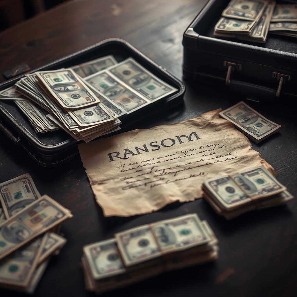 An old, weathered ransom note with faded ink and vintage paper texture, scattered on a dark wooden table, alongside visually striking stacks of cash in various denominations, and a classic black briefcase partially open revealing bundles of money, all set in a moody, atmospheric lighting that creates a sense of intrigue and tension