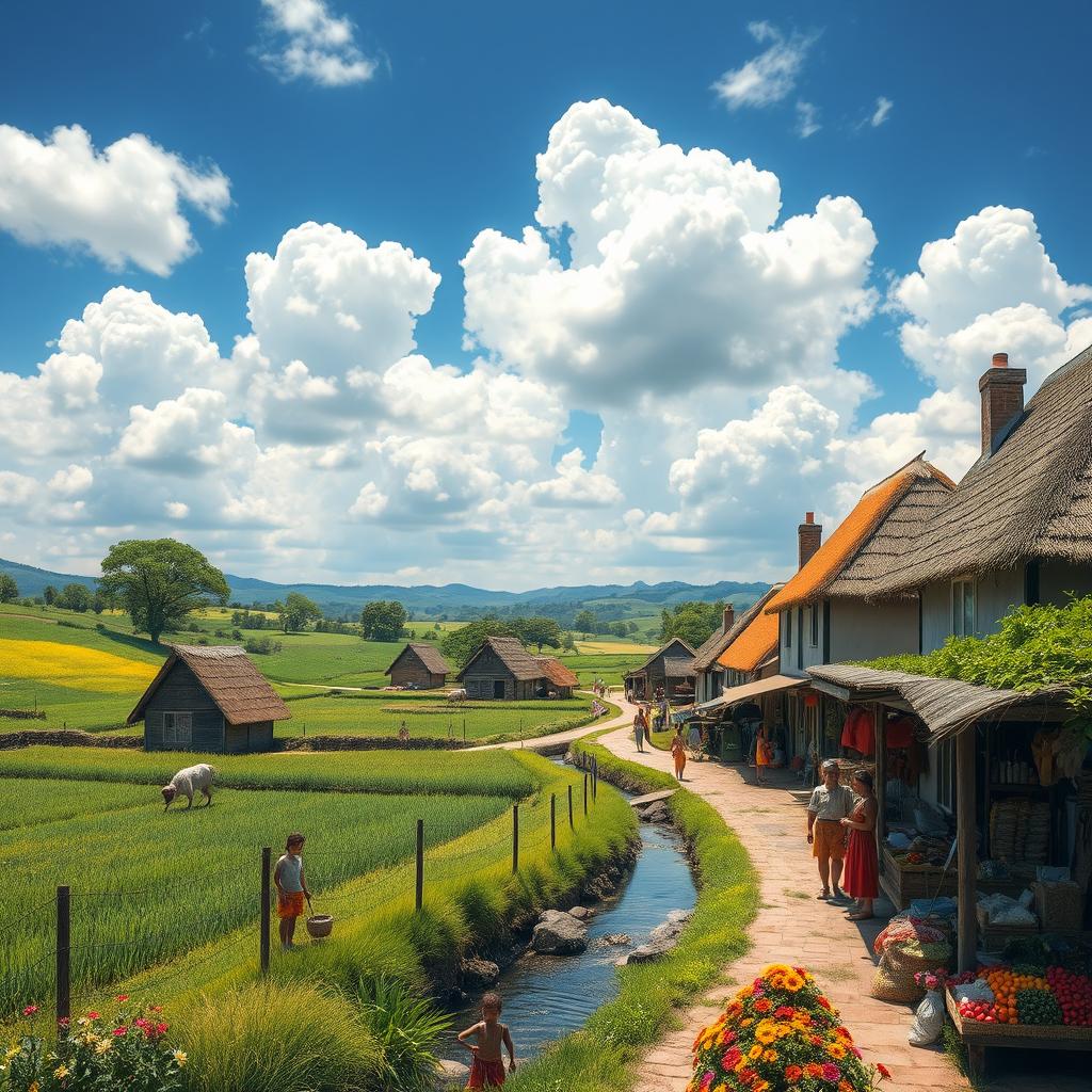 A serene and picturesque village life scene depicting lush green fields with farmers traditionally working the land, quaint houses with thatched roofs, children playing by a small stream, and a market place bustling with locals selling fresh produce and handmade crafts