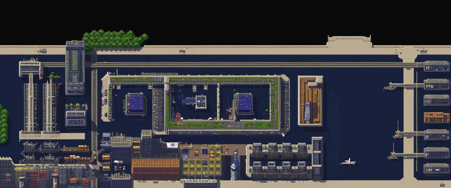 zoomed out futuristic City Pixel Art with large government building at the center, a scrapyard and large industrial factories dotted around and a spaceport, no water