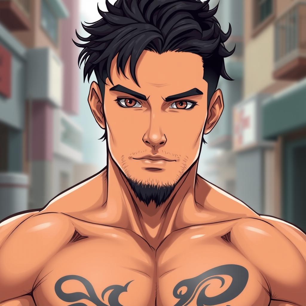 A male character, 38 years old, with black hair that is shorter on the sides and longer on top, slightly curly