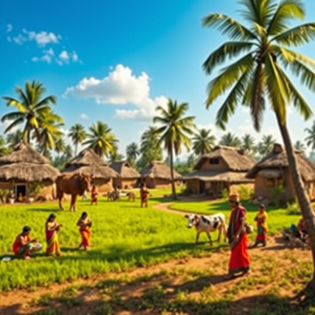 A picturesque Indian village scene showcasing traditional life